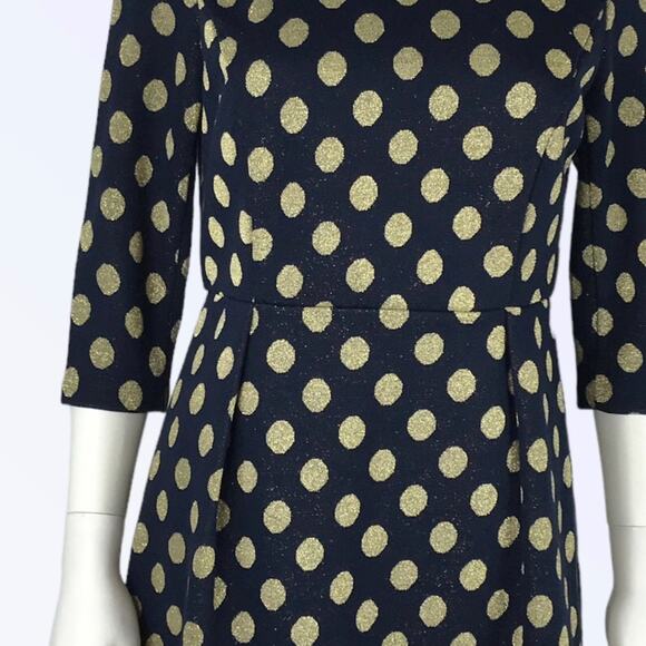 Boden Dress Gold Metallic & Navy Blue Knitted Polka Dot Knee Length - Picture 6 of 8